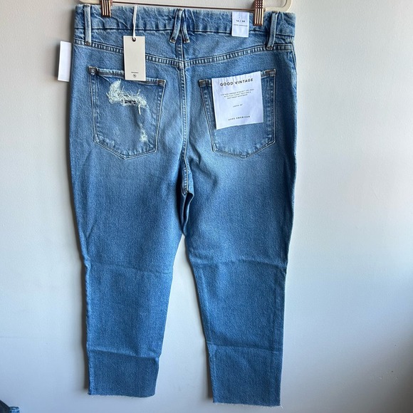 Good American Straight Jeans Women Size 14 Blue Distressed Cropped High Rise NWT - Picture 5 of 9